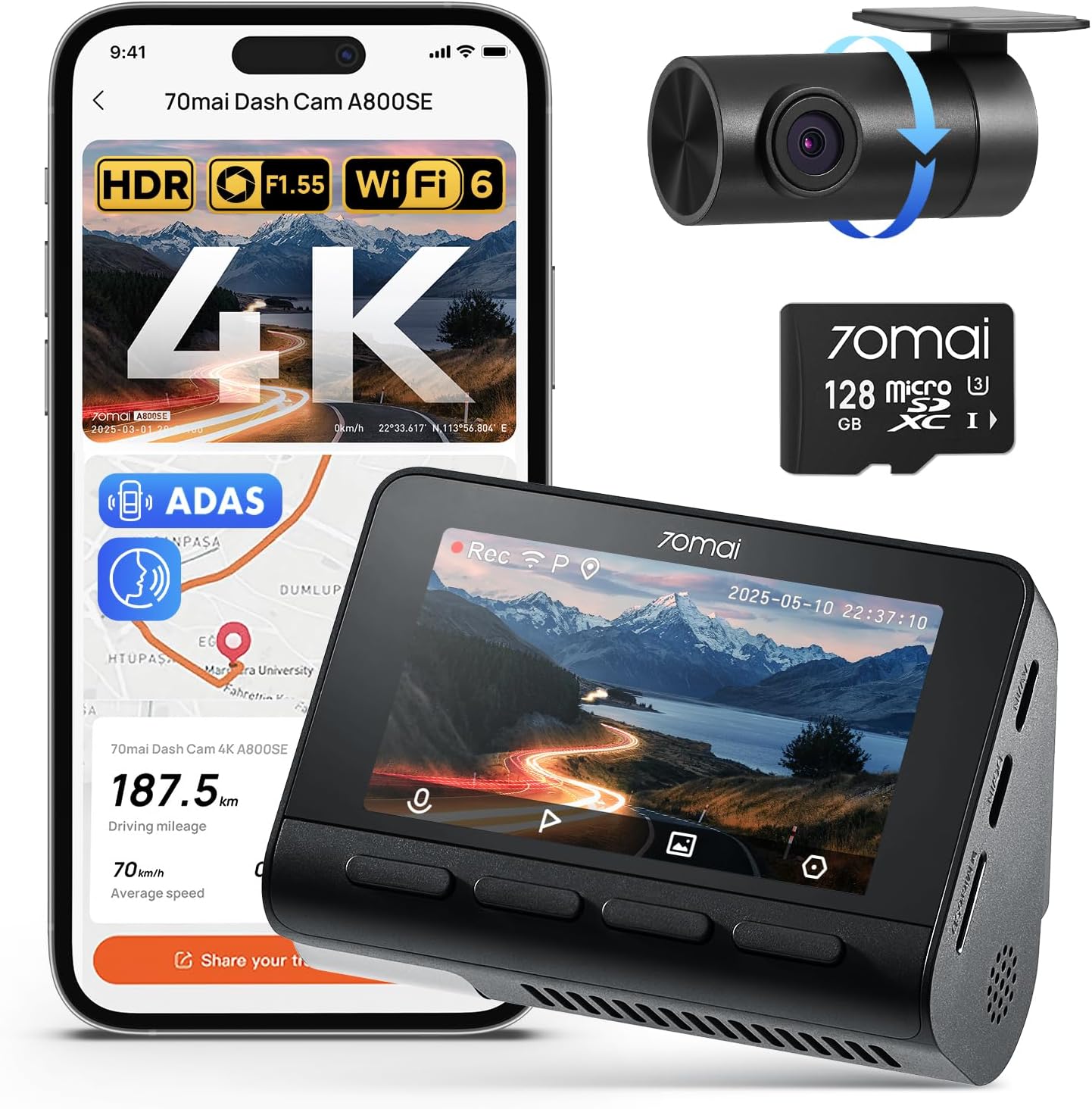 70mai 4K Dash Cam Front and Rear (A800SE)