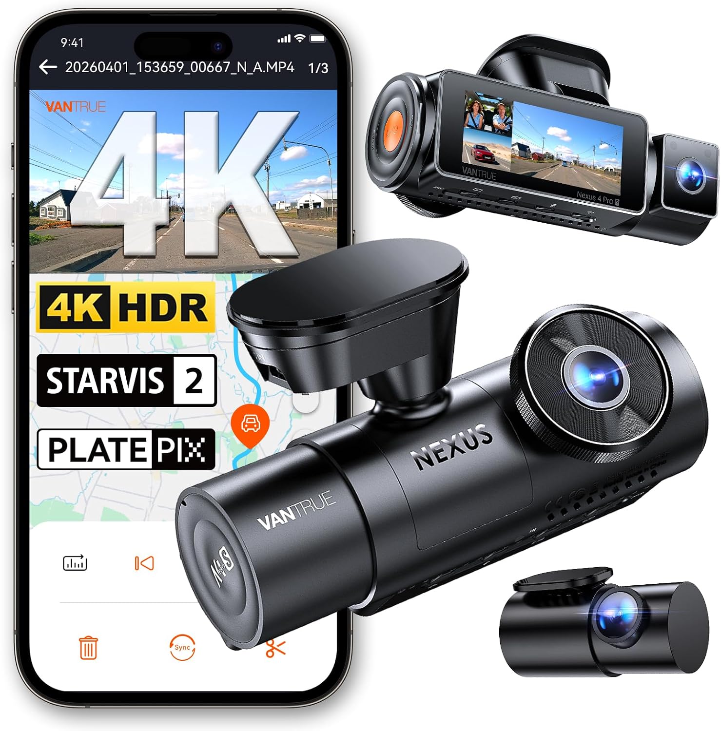 Vantrue N4 Pro S 4K 3 Channel Dash Cam, Triple STARVIS 2 HDR Car Camera
