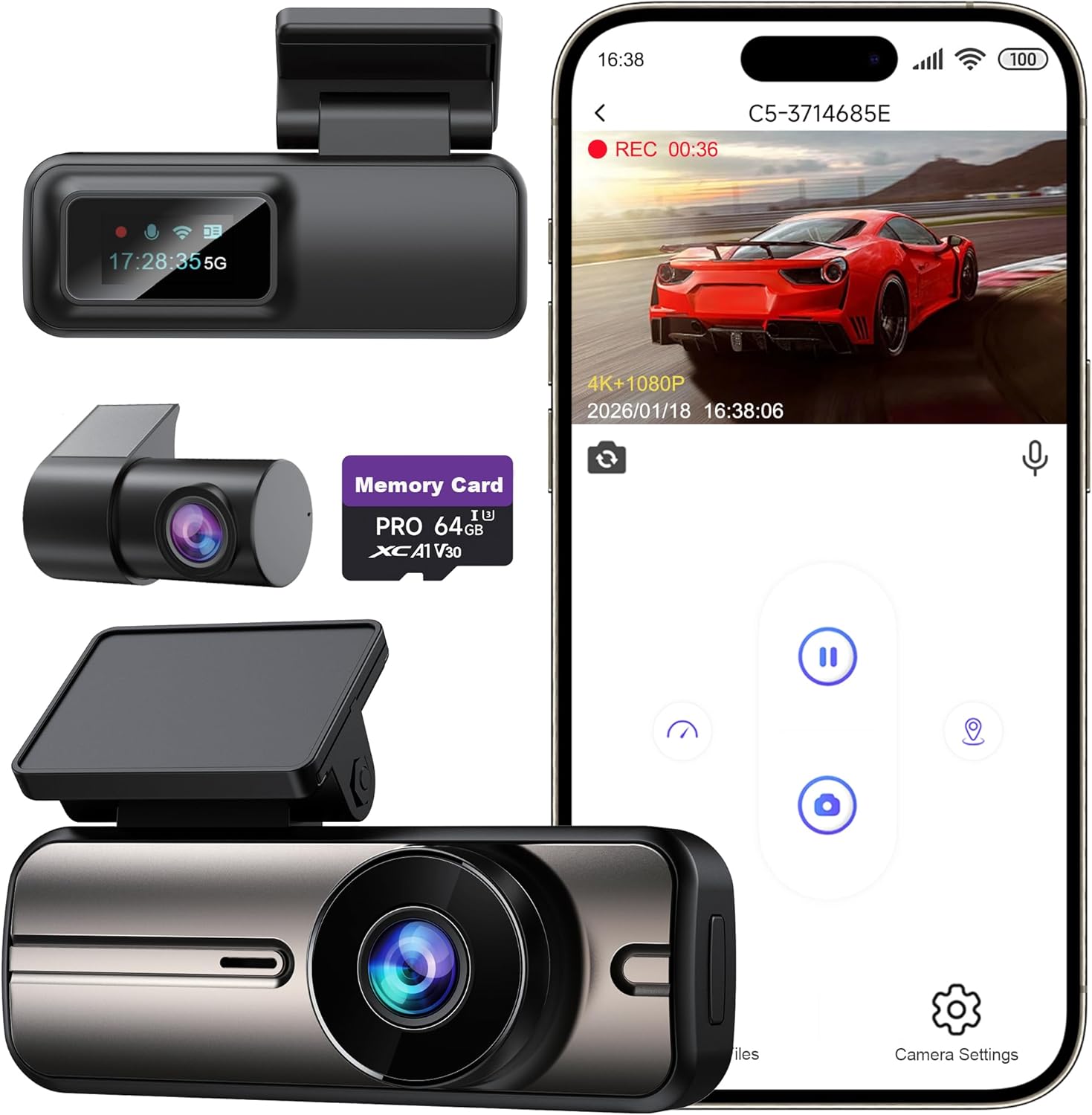 Dash Cam Front and Rear 4K+1080P, 5GHz WiFi, App Control, with 64GB Ca (B0GF7F7X4H)