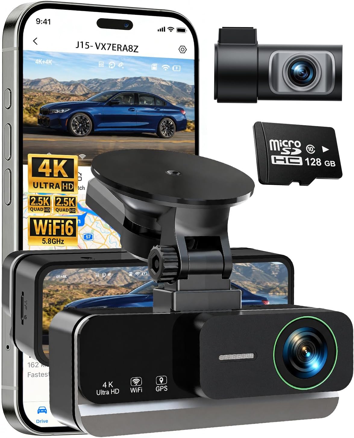 4K+4K Dash Cam Front and Rear, Free 128GB Card, Dash Cam for Car