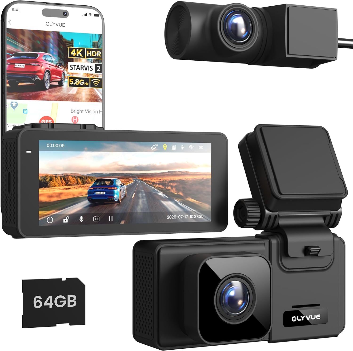 Dash Cam Front 4K Rear 2K Dual STARVIS 2 Sensors Car Camera, Super Night Vision HDR Wireless Small Dash Camera Driving Recorder, 5.8G WI-FI Fast Download 24H Parking Mode, 64G Card Included