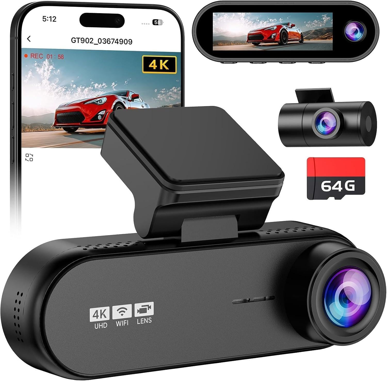 4K 3 Channel Dash Cam Front Rear for Car, True 170° Wide Angle, 3.19 inch IPS Screen, WiFi APP Control, Loop Recording, Collision Lock G-Sensor, Parking Monitor