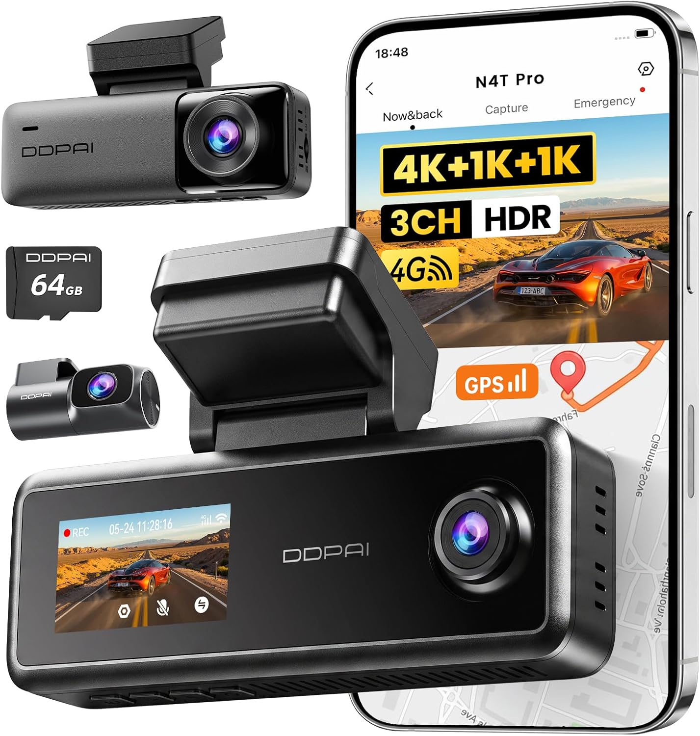 DDPAI N4T Pro 4K 3 Channel Dash Cam, 64GB Card, Triple HDR, WiFi 6