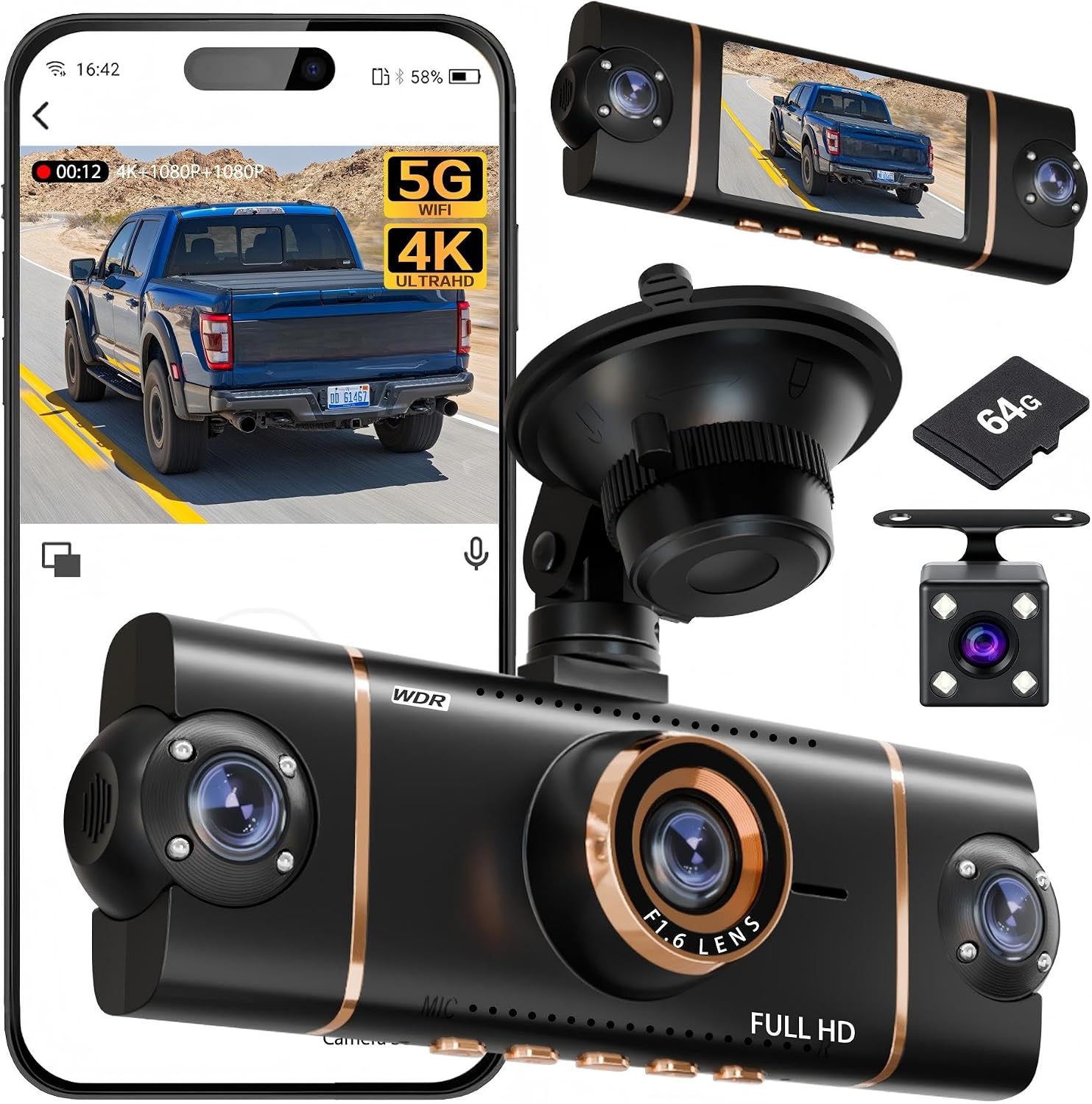 4K Dash Cam Front and Rear, WiFi Dash Camera for Cars with App