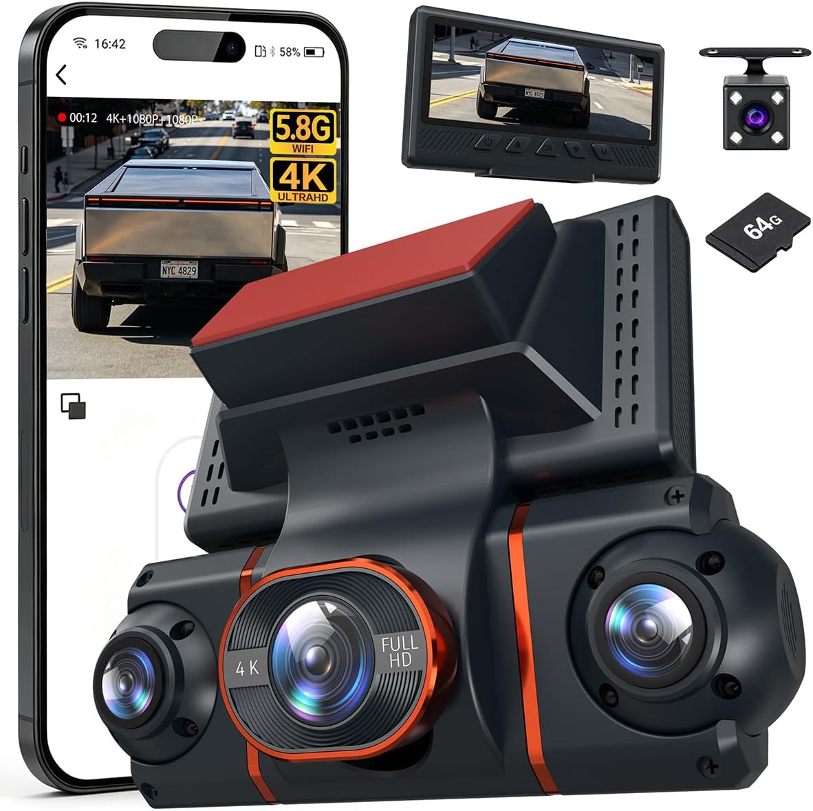4K+1080P*3 FHD Dash Cam Front and Rear, 360° Car Camera, 5.8GHz WiFi 20MB/s