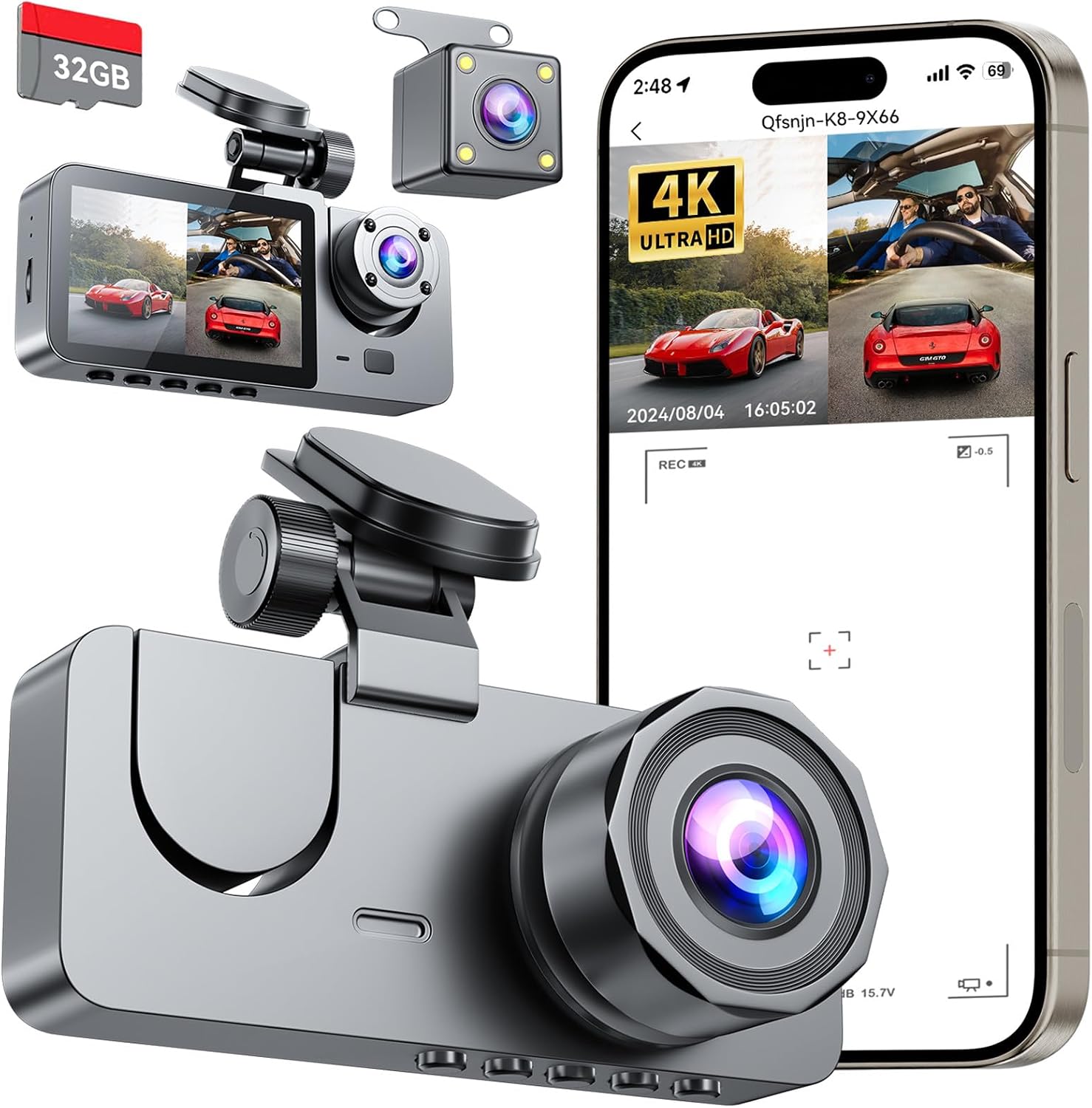 Dash Cam Front and Rear Inside 3 Channel 4K Full UHD Dash Camera for Cars